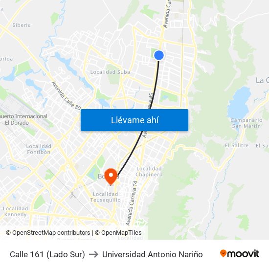 Calle 161 (Lado Sur) to Universidad Antonio Nariño map