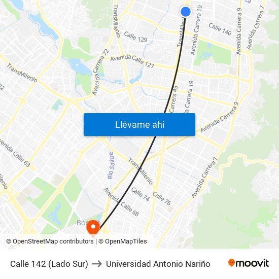 Calle 142 (Lado Sur) to Universidad Antonio Nariño map