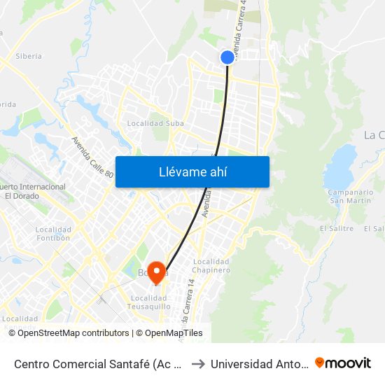 Centro Comercial Santafé (Ac 183 - Auto Norte) to Universidad Antonio Nariño map