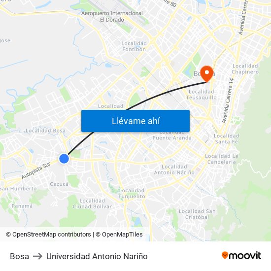 Bosa to Universidad Antonio Nariño map