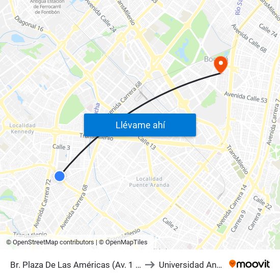 Br. Plaza De Las Américas (Av. 1 De Mayo - Kr 69c) (D) to Universidad Antonio Nariño map