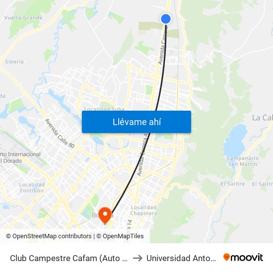 Club Campestre Cafam (Auto Norte - Cl 215) to Universidad Antonio Nariño map