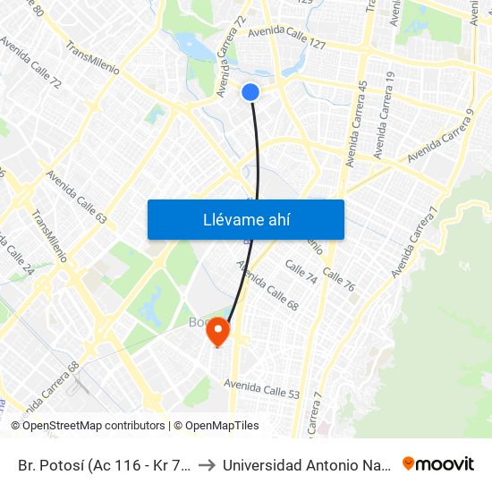 Br. Potosí (Ac 116 - Kr 70h) to Universidad Antonio Nariño map