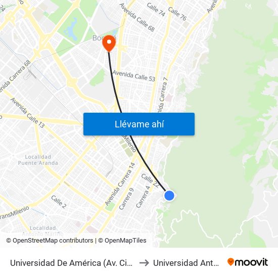 Universidad De América (Av. Circunvalar - Cl 19a) to Universidad Antonio Nariño map
