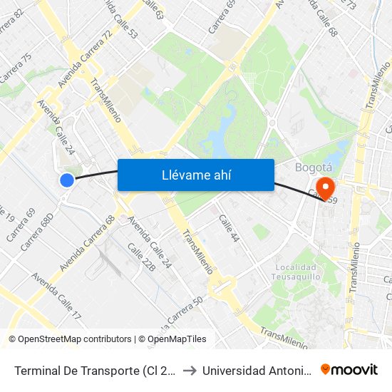 Terminal De Transporte (Cl 22c - Kr 68f) to Universidad Antonio Nariño map
