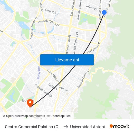 Centro Comercial Palatino (Cl 140 - Ak 7) to Universidad Antonio Nariño map