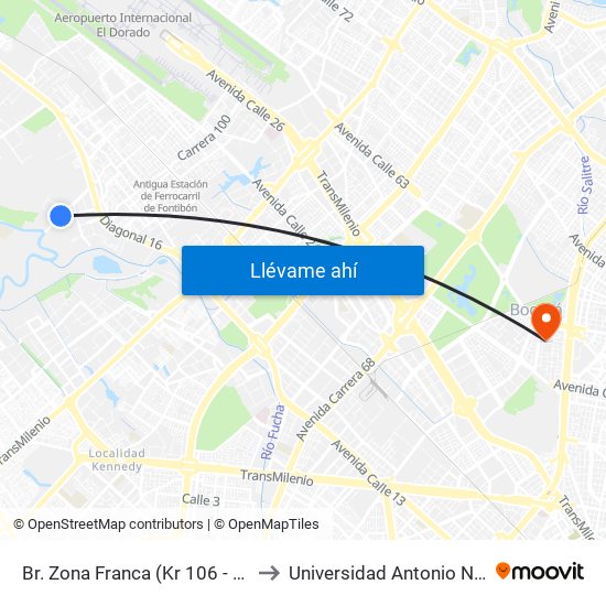 Br. Zona Franca (Kr 106 - Cl 14) to Universidad Antonio Nariño map