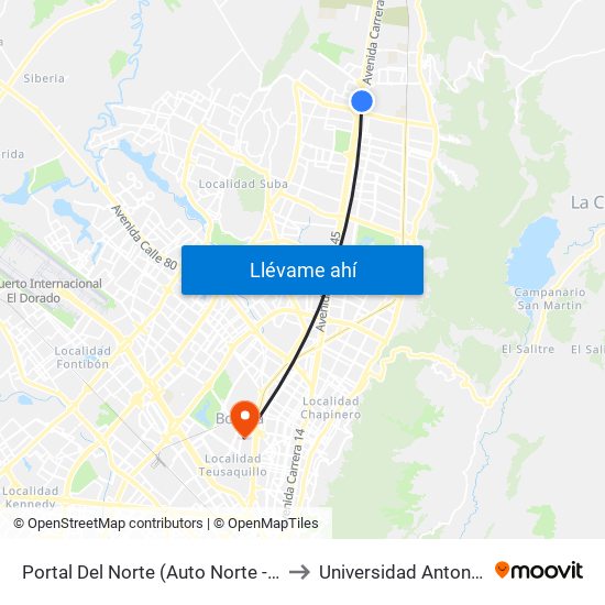 Portal Del Norte (Auto Norte - Cl 172a) (A) to Universidad Antonio Nariño map