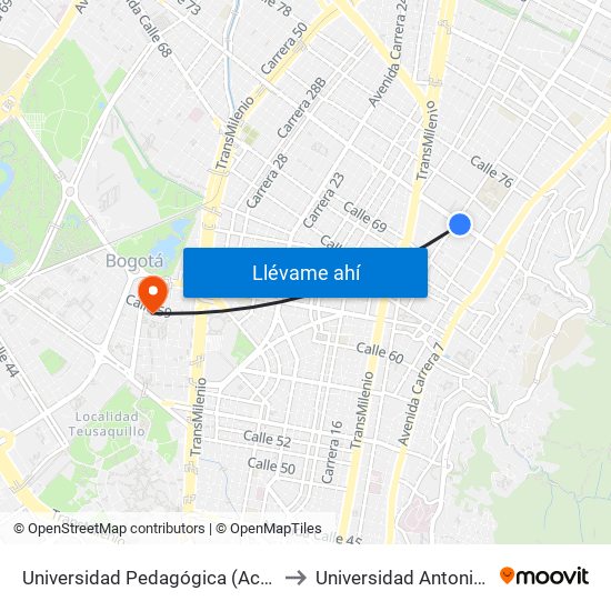 Universidad Pedagógica (Ac 72 - Kr 10) to Universidad Antonio Nariño map