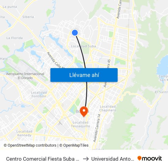 Centro Comercial Fiesta Suba (Kr 101 - Cl 147) to Universidad Antonio Nariño map