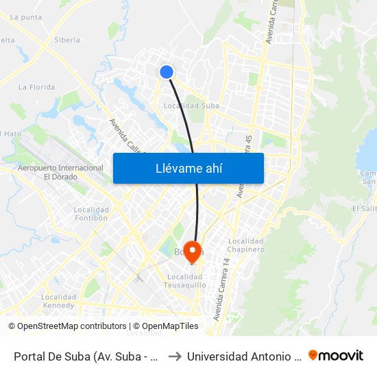 Portal De Suba (Av. Suba - Kr 103c) to Universidad Antonio Nariño map