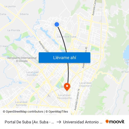 Portal De Suba (Av. Suba - Kr 106) to Universidad Antonio Nariño map