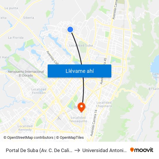 Portal De Suba (Av. C. De Cali - Av. Suba) to Universidad Antonio Nariño map