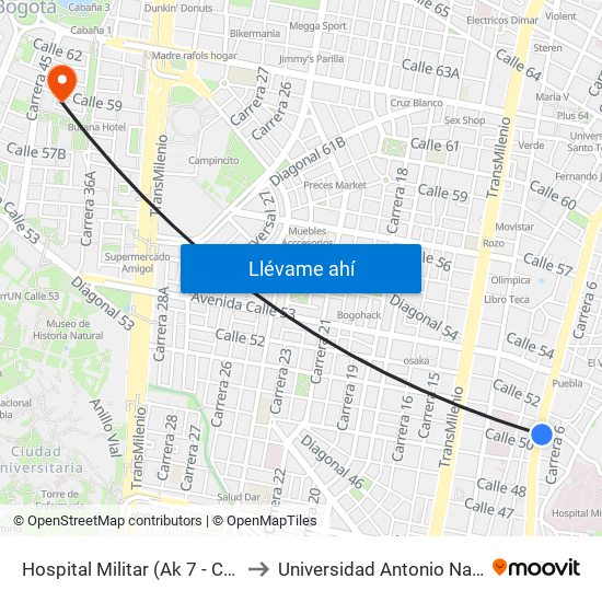 Hospital Militar (Ak 7 - Cl 50) to Universidad Antonio Nariño map