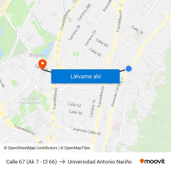 Calle 67 (Ak 7 - Cl 66) to Universidad Antonio Nariño map