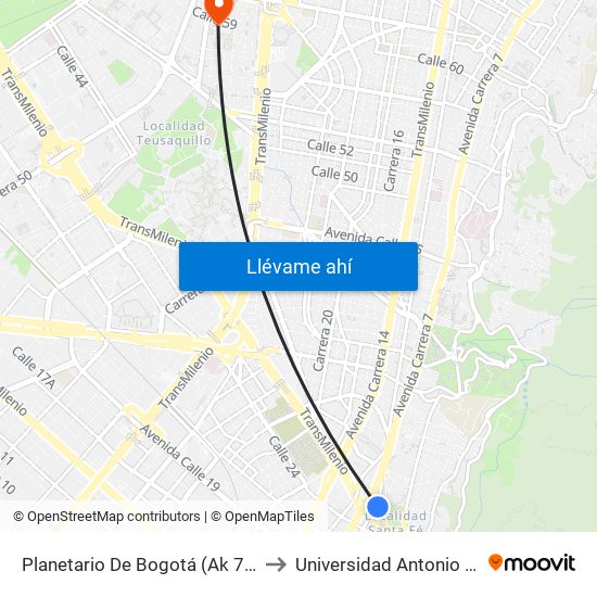 Planetario De Bogotá (Ak 7 - Cl 27) to Universidad Antonio Nariño map