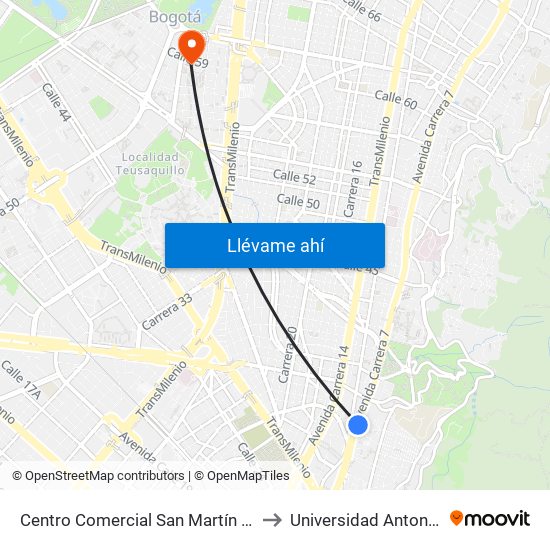 Centro Comercial San Martín (Ak 7 - Cl 32) to Universidad Antonio Nariño map