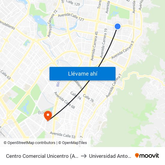 Centro Comercial Unicentro (Ac 127 - Kr 14a) to Universidad Antonio Nariño map