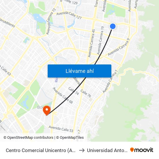 Centro Comercial Unicentro (Ak 15 - Cl 124) (A) to Universidad Antonio Nariño map