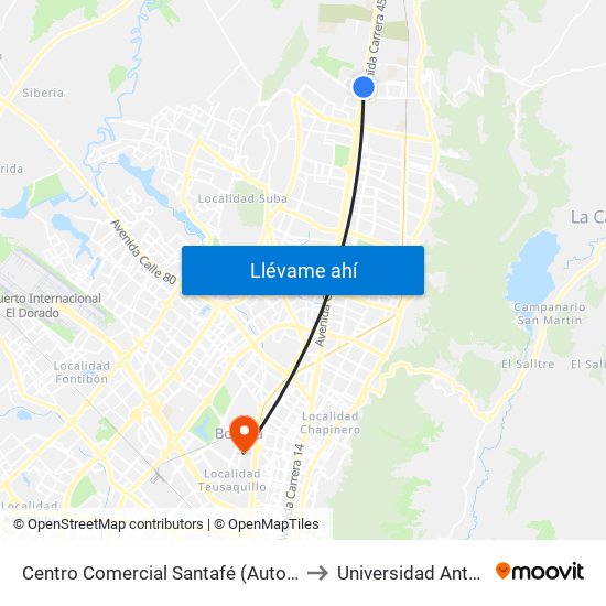 Centro Comercial Santafé (Auto Norte - Cl 187) (B) to Universidad Antonio Nariño map