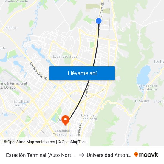 Estación Terminal (Auto Norte - Cl 191) (B) to Universidad Antonio Nariño map