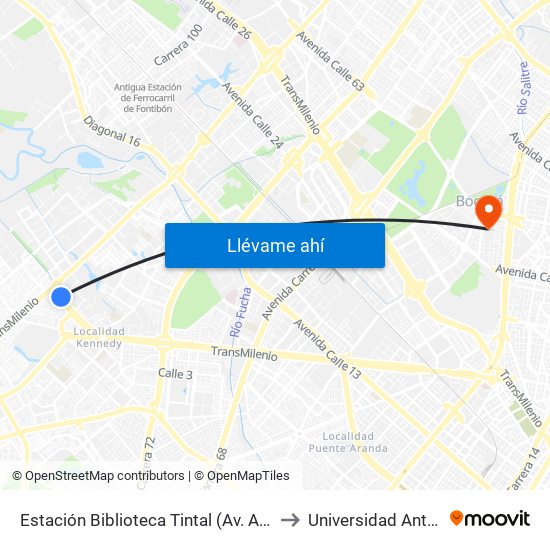 Estación Biblioteca Tintal (Av. Américas - Kr 82) (A) to Universidad Antonio Nariño map