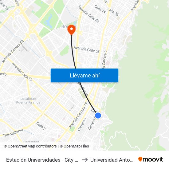 Estación Universidades - City U (Kr 3 - Cl 21) to Universidad Antonio Nariño map