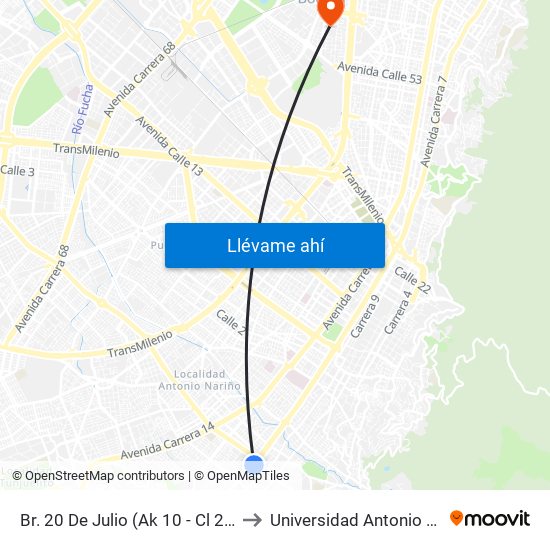 Br. 20 De Julio (Ak 10 - Cl 21a Sur) to Universidad Antonio Nariño map