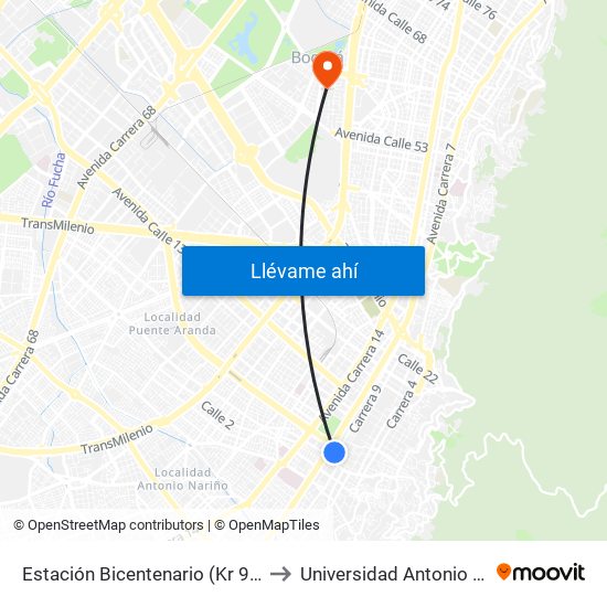 Estación Bicentenario (Kr 9 - Cl 6a) to Universidad Antonio Nariño map