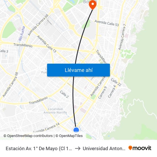 Estación Av. 1° De Mayo (Cl 17 Sur - Kr 9a) to Universidad Antonio Nariño map