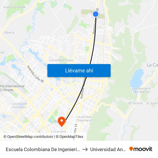 Escuela Colombiana De Ingeniería (Auto Norte - Cl 205) to Universidad Antonio Nariño map