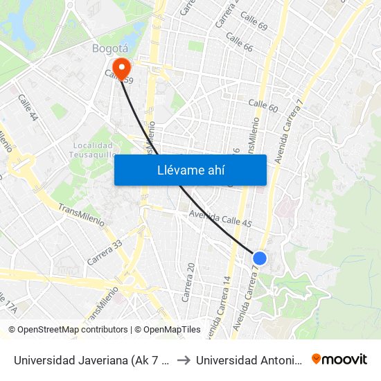 Universidad Javeriana (Ak 7 - Cl 40) (B) to Universidad Antonio Nariño map
