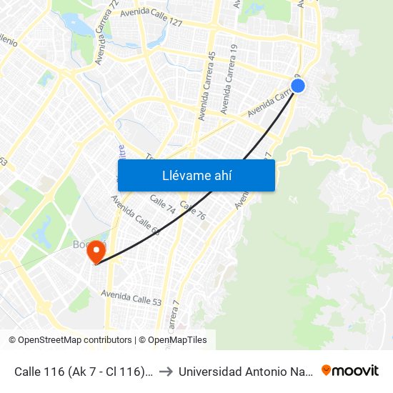 Calle 116 (Ak 7 - Cl 116) (A) to Universidad Antonio Nariño map