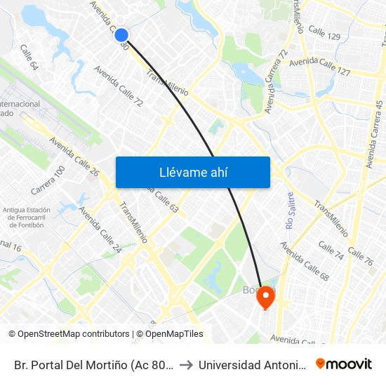 Br. Portal Del Mortiño (Ac 80 - Kr 109a) to Universidad Antonio Nariño map