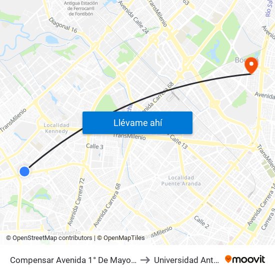 Compensar Avenida 1° De Mayo (Cl 42 Sur - Tv 78h) to Universidad Antonio Nariño map