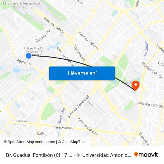 Br. Guadual Fontibón (Cl 17 - Kr 96h) to Universidad Antonio Nariño map