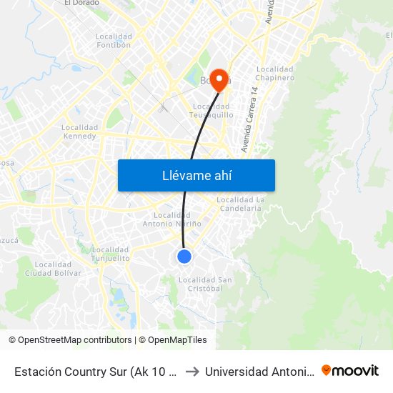 Estación Country Sur (Ak 10 - Cl 27a Sur) to Universidad Antonio Nariño map