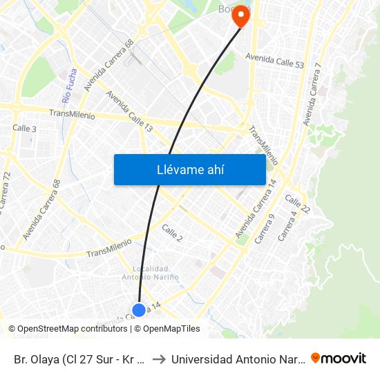 Br. Olaya (Cl 27 Sur - Kr 16) to Universidad Antonio Nariño map