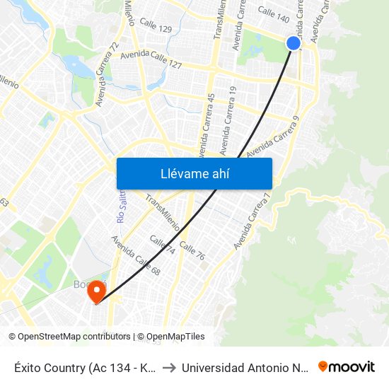 Éxito Country (Ac 134 - Kr 9b) to Universidad Antonio Nariño map