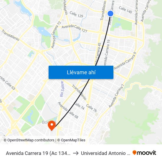 Avenida Carrera 19 (Ac 134 - Ak 19) to Universidad Antonio Nariño map