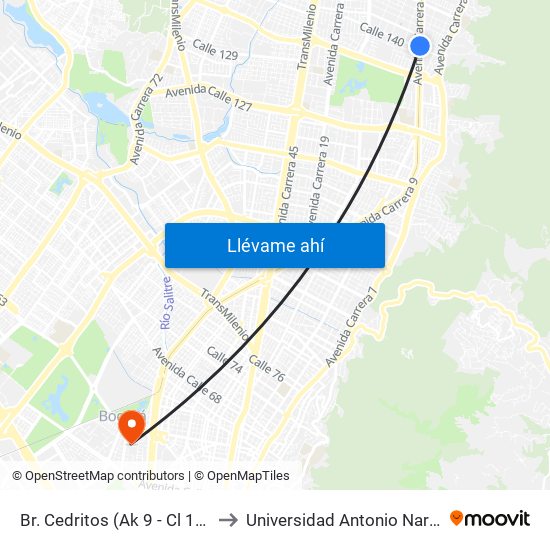 Br. Cedritos (Ak 9 - Cl 140) to Universidad Antonio Nariño map