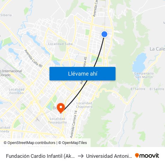 Fundación Cardio Infantil (Ak 9 - Cl 163a) to Universidad Antonio Nariño map