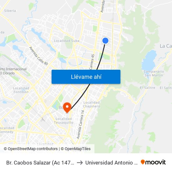 Br. Caobos Salazar (Ac 147 - Kr 14) to Universidad Antonio Nariño map