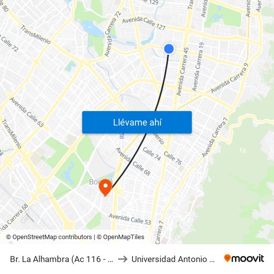 Br. La Alhambra (Ac 116 - Kr 50) to Universidad Antonio Nariño map