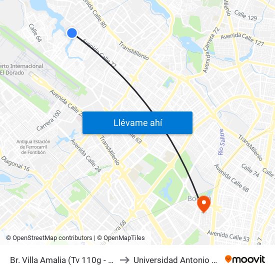 Br. Villa Amalia (Tv 110g - Cl 71c) to Universidad Antonio Nariño map