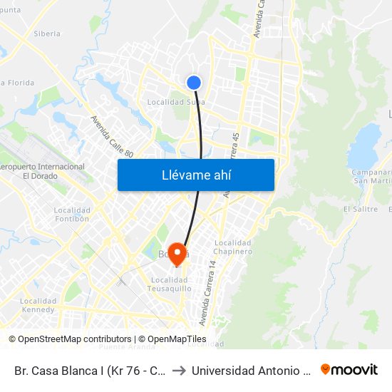 Br. Casa Blanca I (Kr 76 - Cl 146c) to Universidad Antonio Nariño map