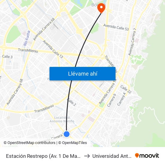 Estación Restrepo (Av. 1 De Mayo - Av. Caracas) (A) to Universidad Antonio Nariño map