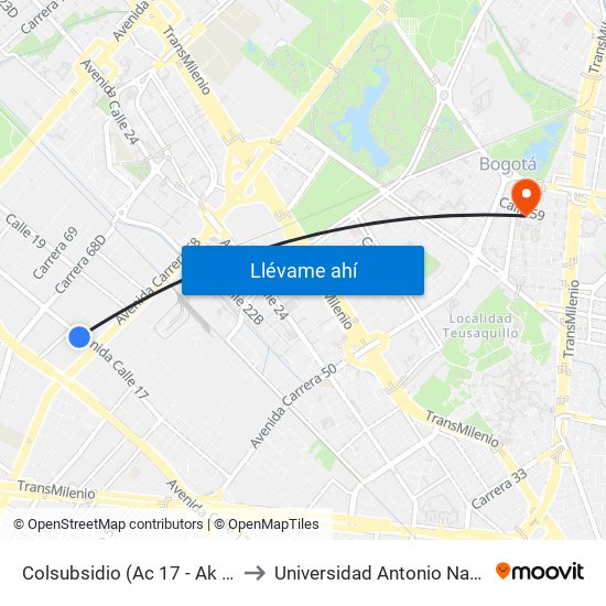 Colsubsidio (Ac 17 - Ak 68) to Universidad Antonio Nariño map