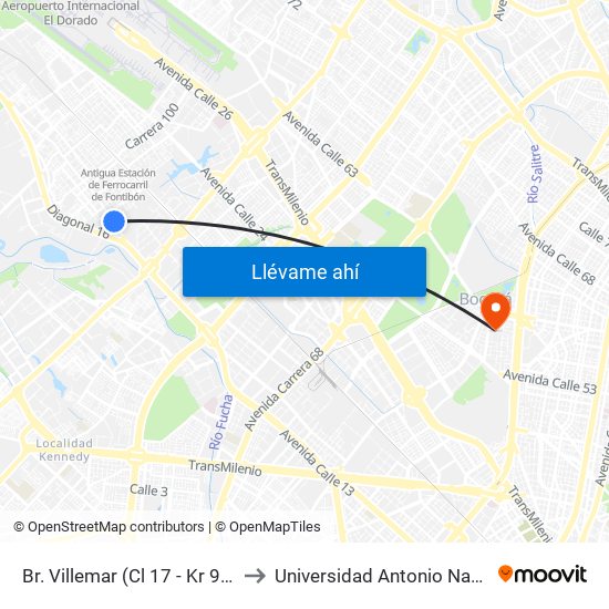 Br. Villemar (Cl 17 - Kr 96b) to Universidad Antonio Nariño map