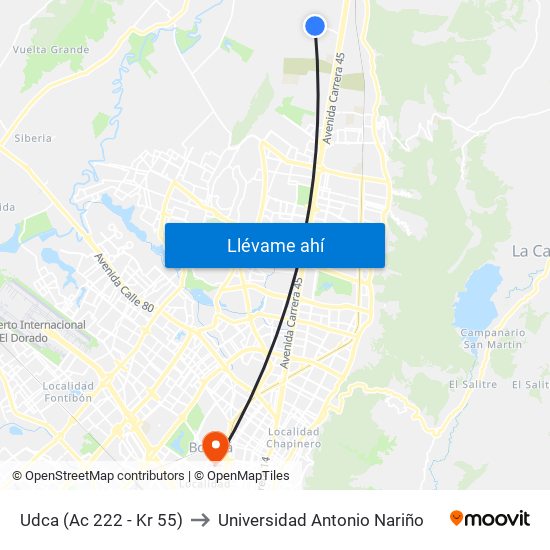 Udca (Ac 222 - Kr 55) to Universidad Antonio Nariño map